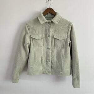 Joie | Women’s Fuzzy Sage Green Boxy Cropped Shacket Jacket Button Down Collared